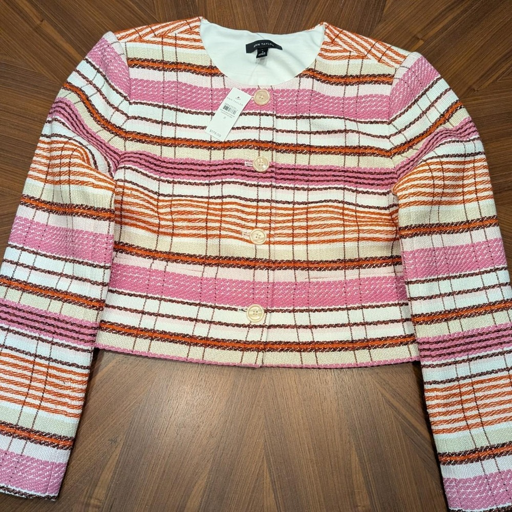 Ann Taylor Tweed Jacket Womens 8 Pink Multi NWT Cropped Striped Blazer 837873